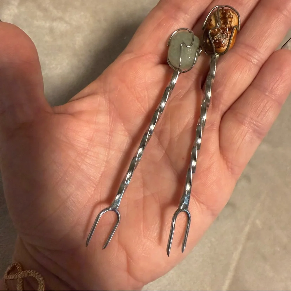 Set of 2 Vintage Stone And‎ Silver Cocktail/Hors D'Oeuvre Forks Mid Century